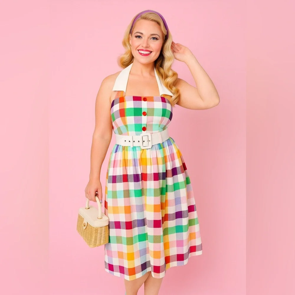 Unique Vintage Collectif Rainbows Over Hollywood Gingham Halter Swing Dress, NWT - Picture 9 of 16